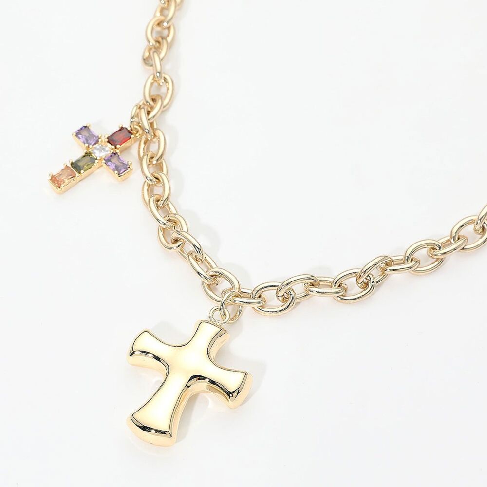 14K Gold Crystal CZ Cross Charm Pendant Necklace Chain Statement Jewelry